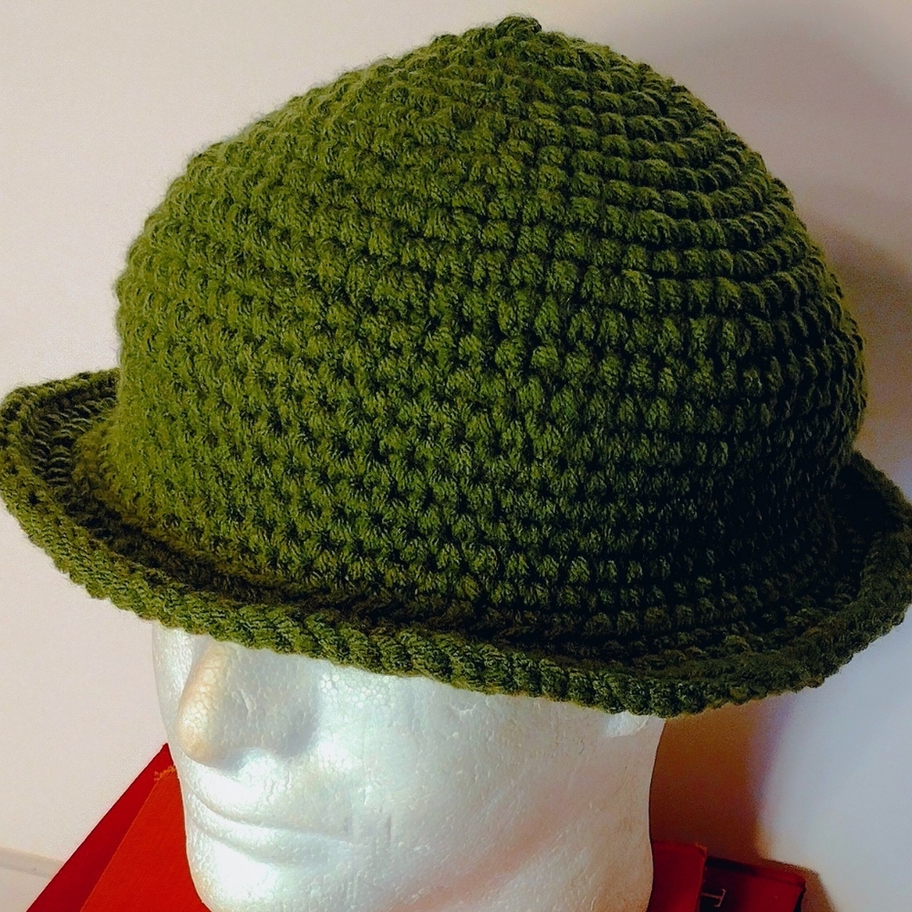 New Handmade Crocheted Non-wool Olive Green Derby Hat XL - Picture 2 of 9
